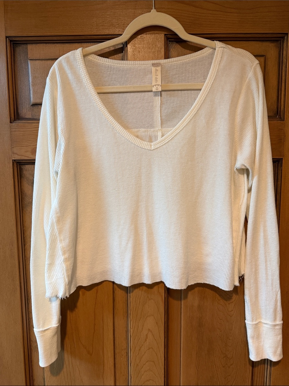 Altar'd State Ivory V-Neck Waffle Knit Long Sleeve Top